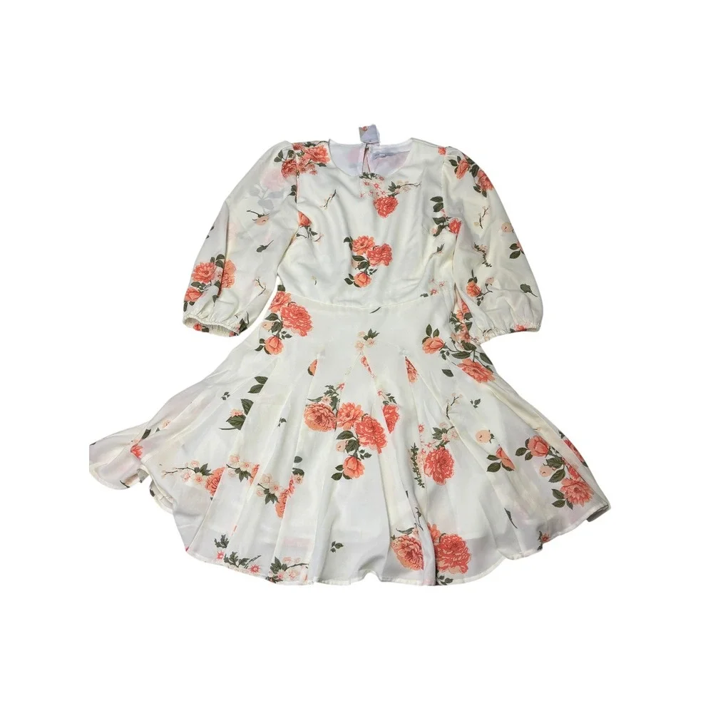 NWT Sugarlips Floral Fit and Flare Dress Cream Orange Rose Puff Sleeve M - Picture 1 of 9